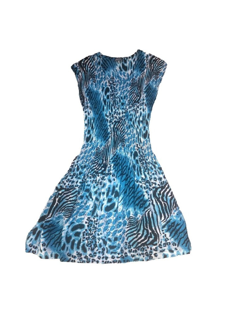 Abstract Animal Print Dress Crinkle Knit Size Small Kate & Mallory Teal & Black